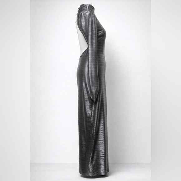 Free People Metallic Open Back Maxi Dress Silver Long Sleeve S XL - Picture 4 of 13